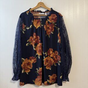 Susan Graver 2X Stretch Knit Blouse Shirt Floral Print Lace Contrast Keyhole